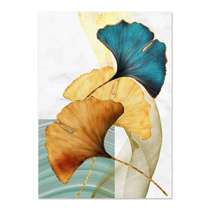 Blue Green Yellow Gold Leaf Plant Flower Canvas Poster Modern Pictures Living Room Decor