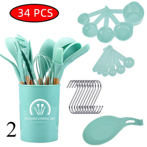 34 Pcs Silicone Kitchen Utensils Set Heat Resistant Non-Stick Cooking Tool With Measuring Cup Spoon Mat Hook Kitchen Accessories