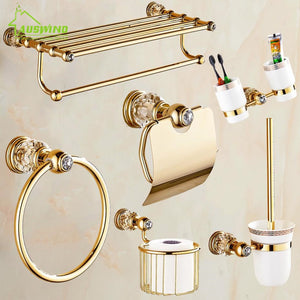 Solid Brass Crystal Bathroom Accessories Set Polish Finish Gold Bathroom Hardware Set