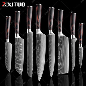 Chef knife 1-10 Pcs Set Kitchen Knives Laser Damascus Pattern Sharp Japanese Shantou Knife Cleaver