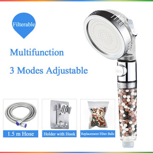 Bathroom 3-Function SPA Shower Head with Switch Stop Button high Pressure Anion Filter