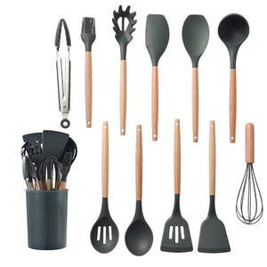 Silicone Kitchenware Cooking Utensils Set Non-stick Cookware Spatula Shovel Egg Beaters Wooden Handle