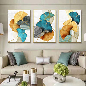 Blue Green Yellow Gold Leaf Plant Flower Canvas Poster Modern Pictures Living Room Decor