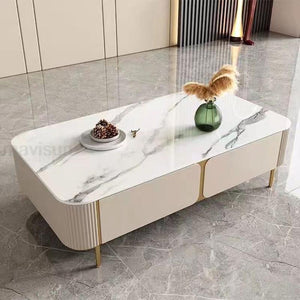 Minimalist Living Room Furniture Rock Panel Stainless Steel Gold Lines With Drawers Rectangle Coffee Table