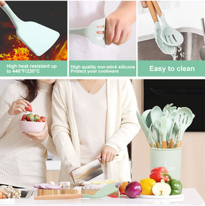 Silicone Kitchen Utensils Set Non-Stick Cookware for Kitchen Wooden Handle Spatula Egg Beaters Kitchenware Kitchen Accessories