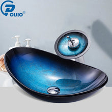 Load image into Gallery viewer, OUIO Tempered Glass Hand Paint Waterfall Spout Basin Black Bathroom Sink Washbasin
