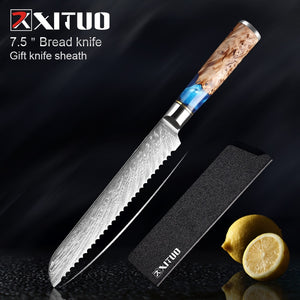 XITUO Kitchen Knives-Set Damascus Steel VG10 Chef Knife Cleaver Paring Bread Knife Blue Resin and Color