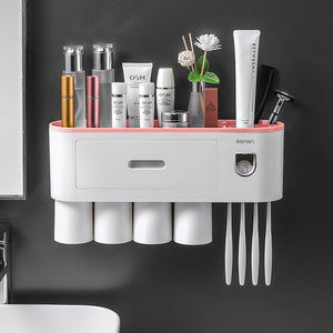 VOGSIC 1/2/3/4/5 Cups Toothbrush Holder Storage Rack With Drawer Toothpaste Squeezer Organizer For Home Bathroom Accessories Set