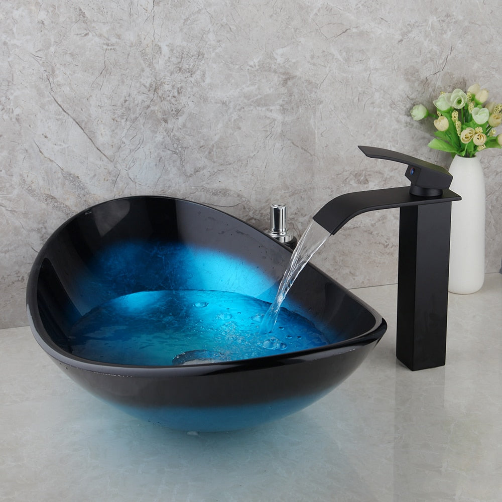 OUIO Tempered Glass Hand Paint Waterfall Spout Basin Black Bathroom Sink Washbasin