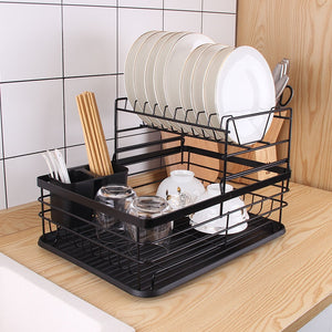 Black Dish Rack with Drip Tray Kitchen Cutlery Storage Basket Dish Drainer