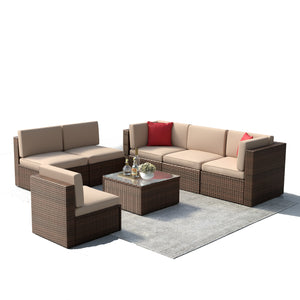 7&amp;8Pcs Patio Furniture Outdoor Sectional Sofa With Fire Pit Table&amp;Coffe Table All Weather Rattan Outdoor Garden Furniture