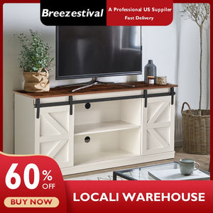 Breezestival Farmhouse TV Stand for 65 Inch TVs Sliding Barn Doors and Storage Cabinets TV Console Table for Living Room