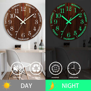 12 Inch Luminous Wall Clock Wood Silent Light in Dark Night Nordic Minimalist Week Watch