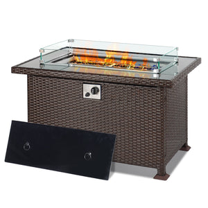 Propane Fire Table with Wind Guard Brown Rattan Smokeless Firepit Outdoor Fire Pits for Outside Patio Garden Deck Dinning