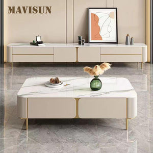 Minimalist Living Room Furniture Rock Panel Stainless Steel Gold Lines With Drawers Rectangle Coffee Table