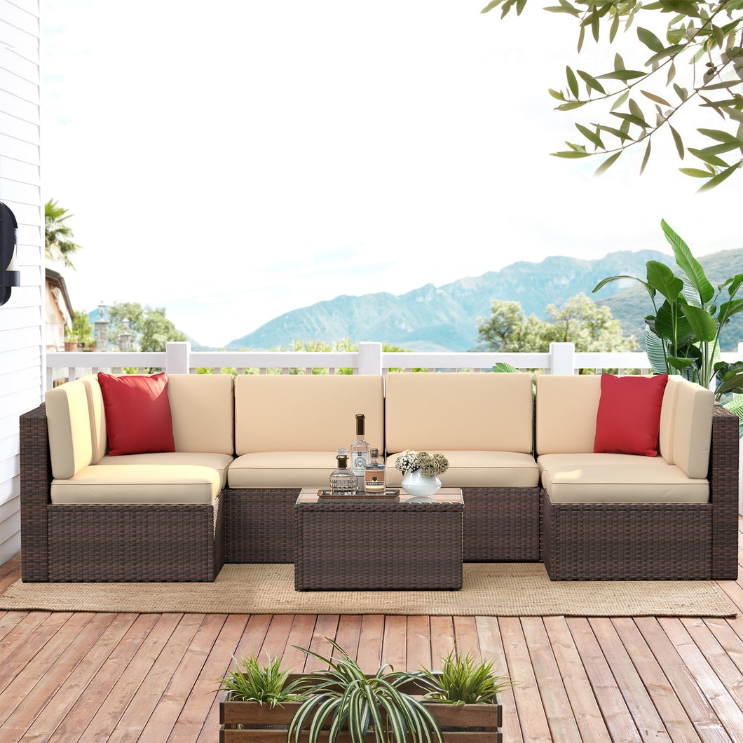 7&8Pcs Patio Furniture Outdoor Sectional Sofa With Fire Pit Table&Coffe Table All Weather Rattan Outdoor Garden Furniture