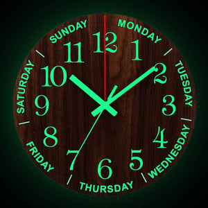 12 Inch Luminous Wall Clock Wood Silent Light in Dark Night Nordic Minimalist Week Watch