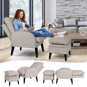Accent Chair with Ottoman Storage Sofa Chair for Living Room Lounge Bedroom Armchair with Adjustable Backrest and Side Pocket