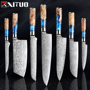 XITUO Kitchen Knives-Set Damascus Steel VG10 Chef Knife Cleaver Paring Bread Knife Blue Resin and Color