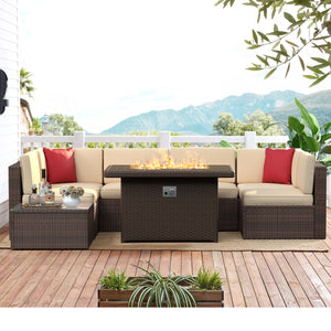 7&amp;8Pcs Patio Furniture Outdoor Sectional Sofa With Fire Pit Table&amp;Coffe Table All Weather Rattan Outdoor Garden Furniture
